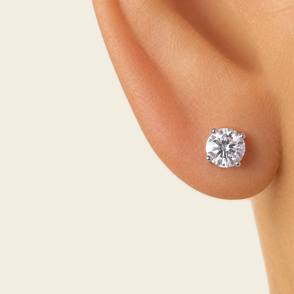Large Round Moissanite Ear Studs | 925 Silver — worn on model