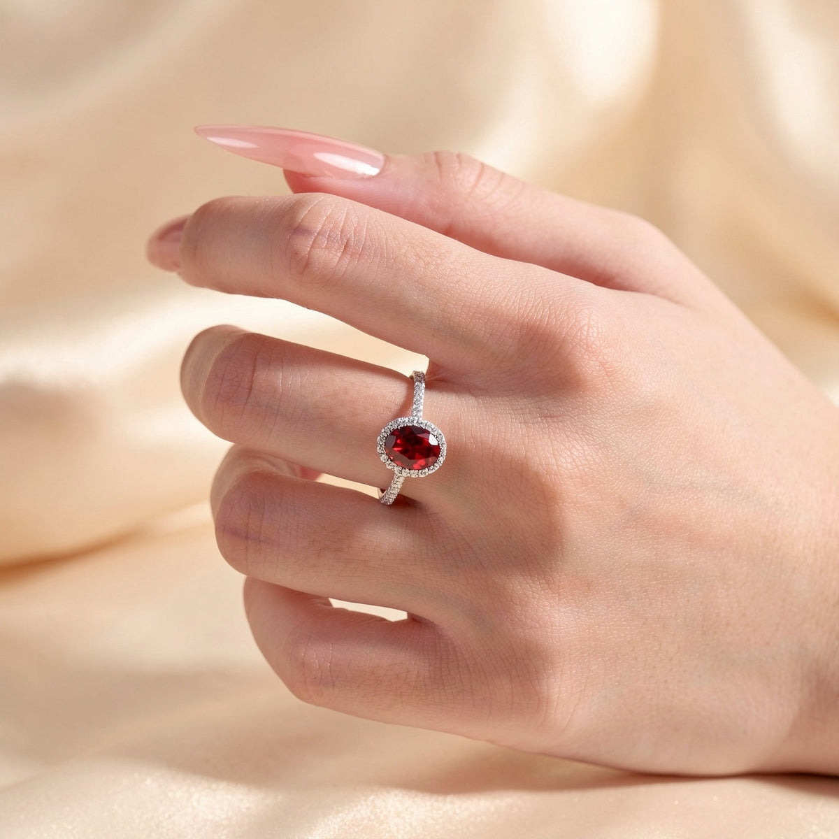 Lab-Grown Ruby Ring worn on the hand - close-up