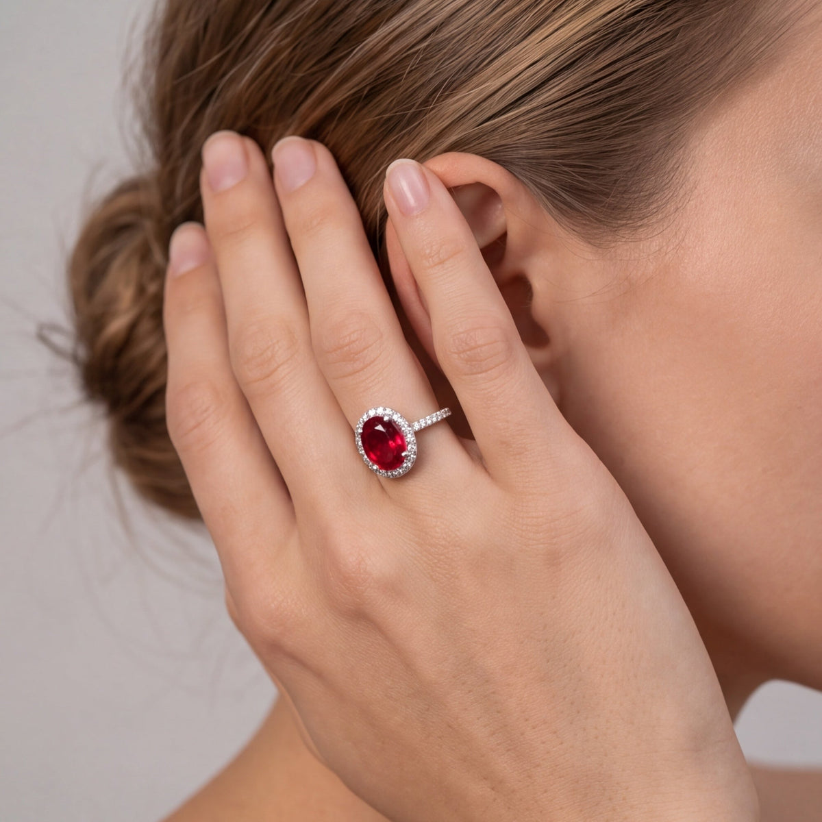 Lab-Grown Ruby Ring worn - close-up view