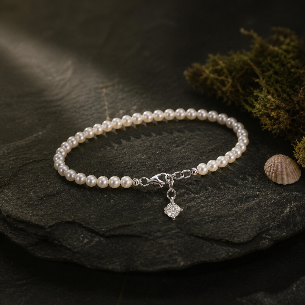 String of shell pearls with a square zircon charm on mossed slate