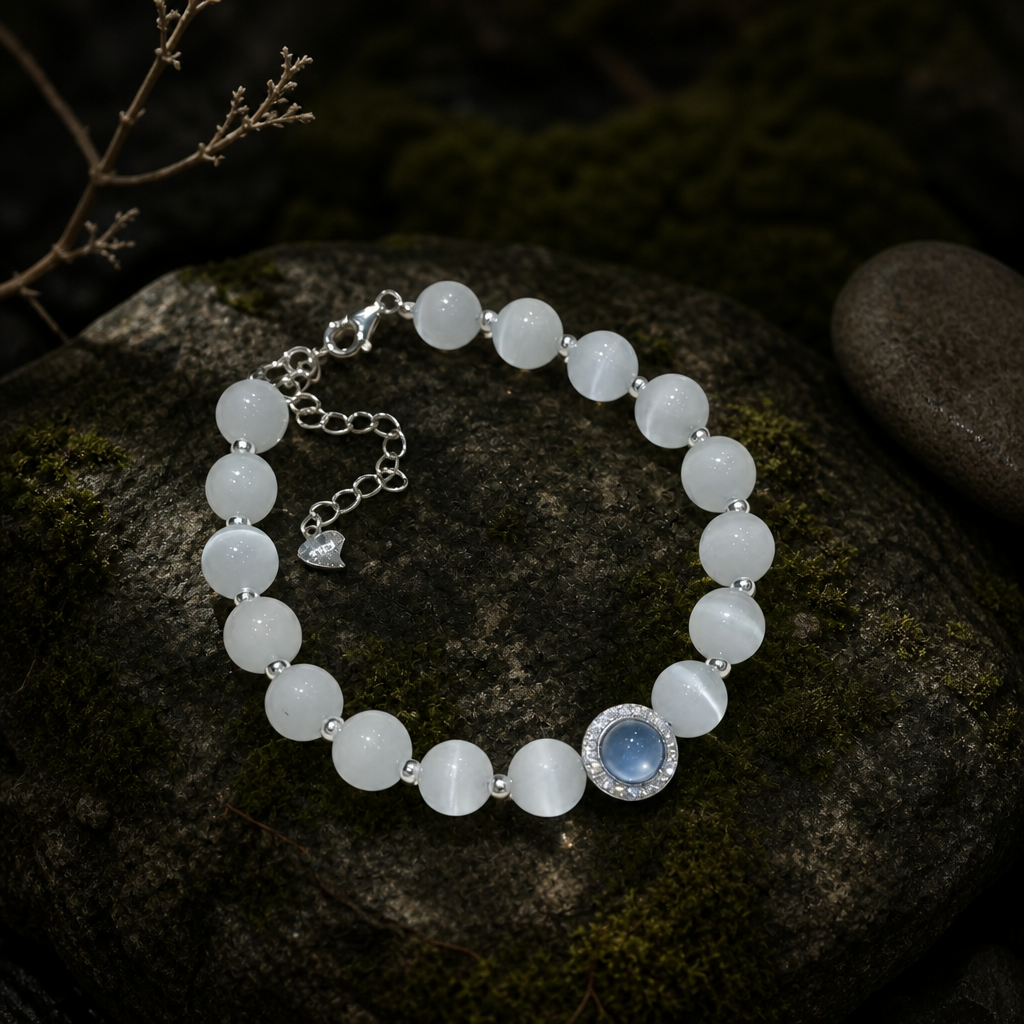 Cat's-eye aquamarine and silver bead bracelet on slate