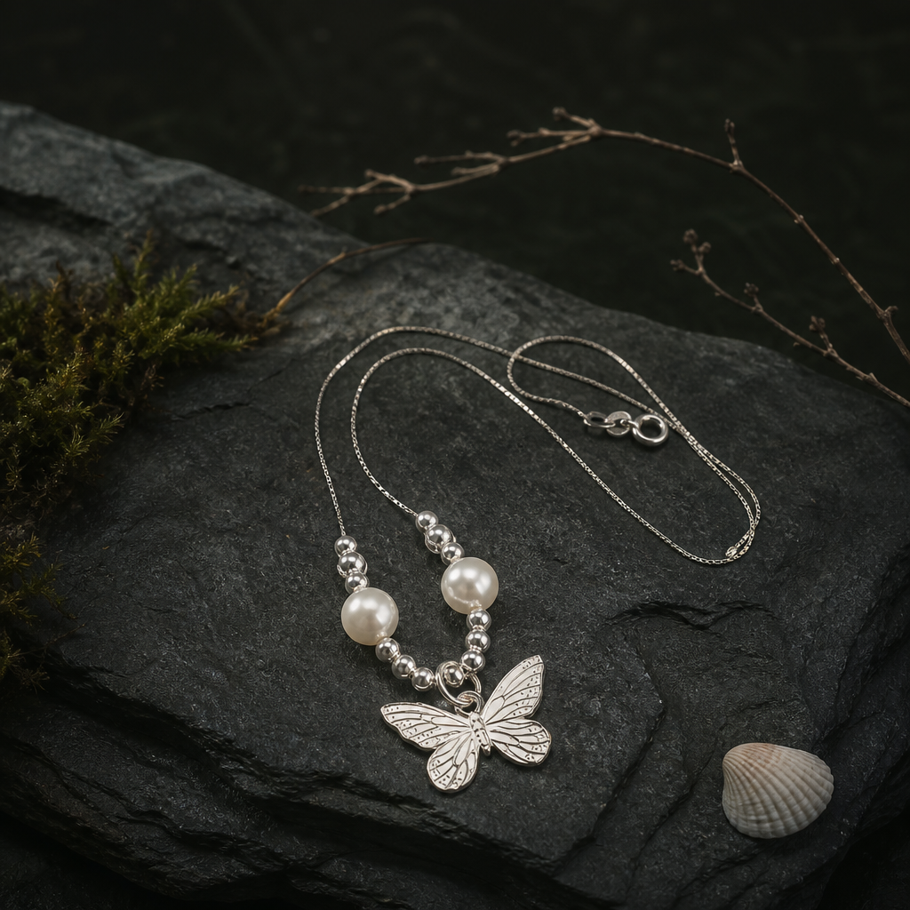 Etched silver butterfly pendant with two round pearls resting on mossed slate