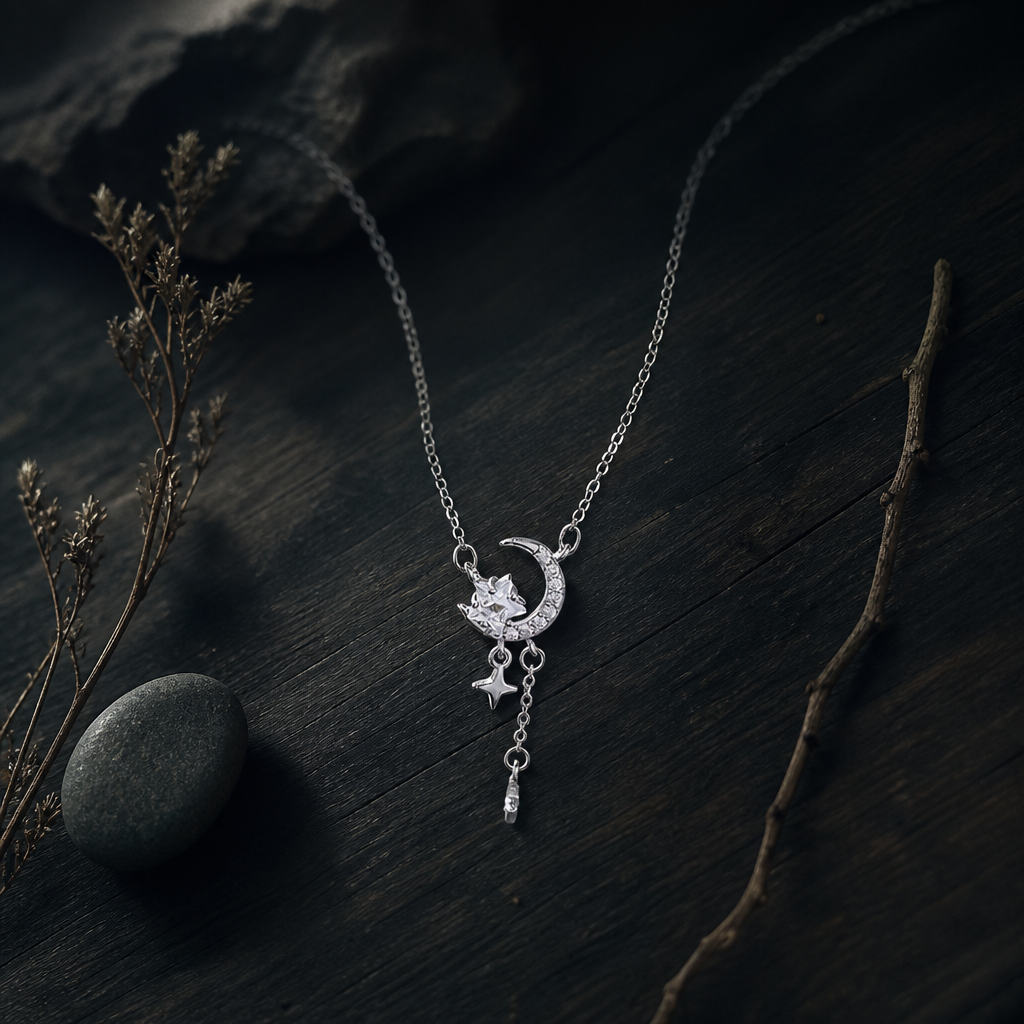 Moon and star pendant necklace arranged on dark wood with river stones