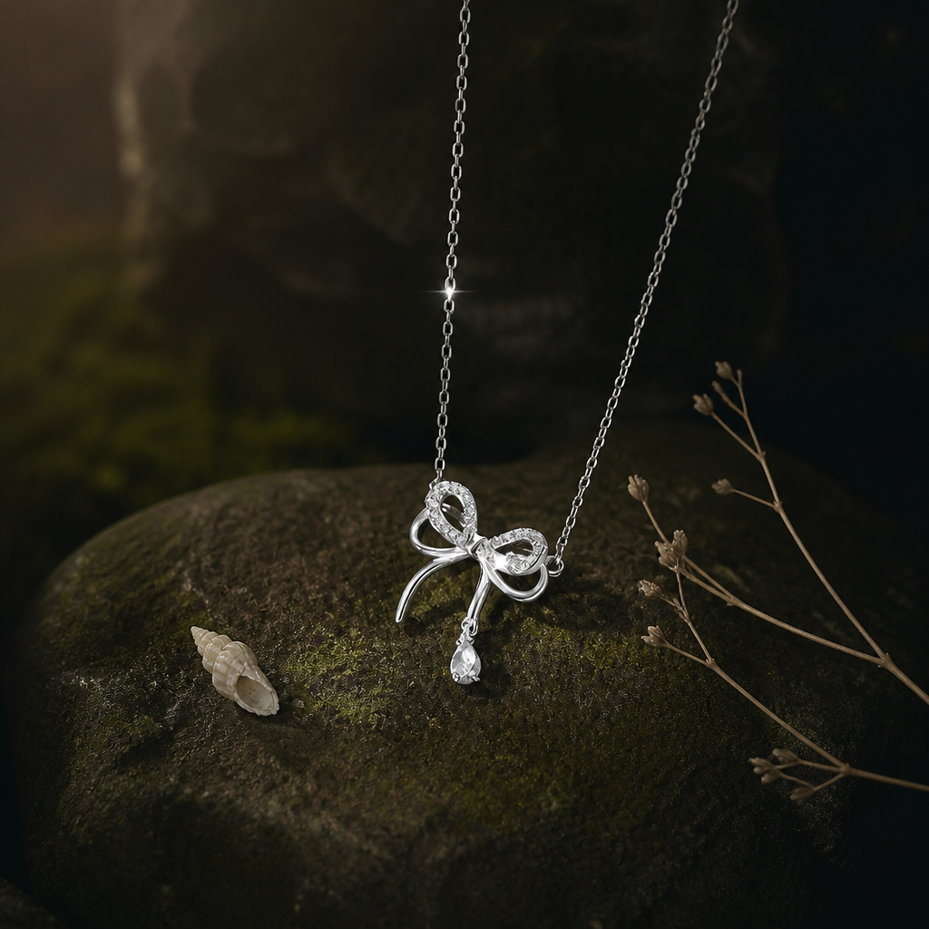 Bow-shaped silver pendant on mossed stone beside small shells