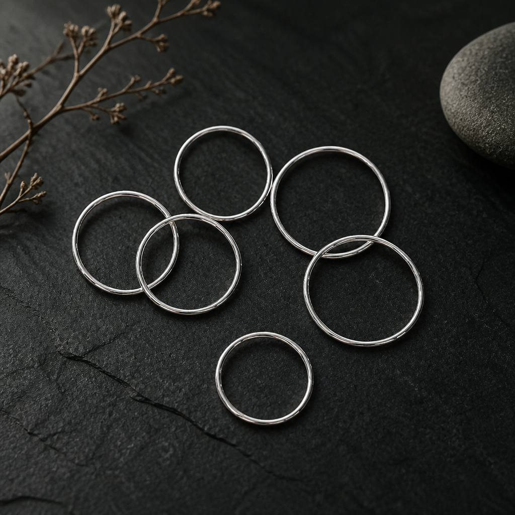Six fine polished silver open bands stacked on slate