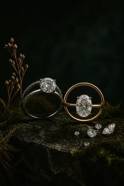 A moissanite ring photographed on a dark stone base in soft side light