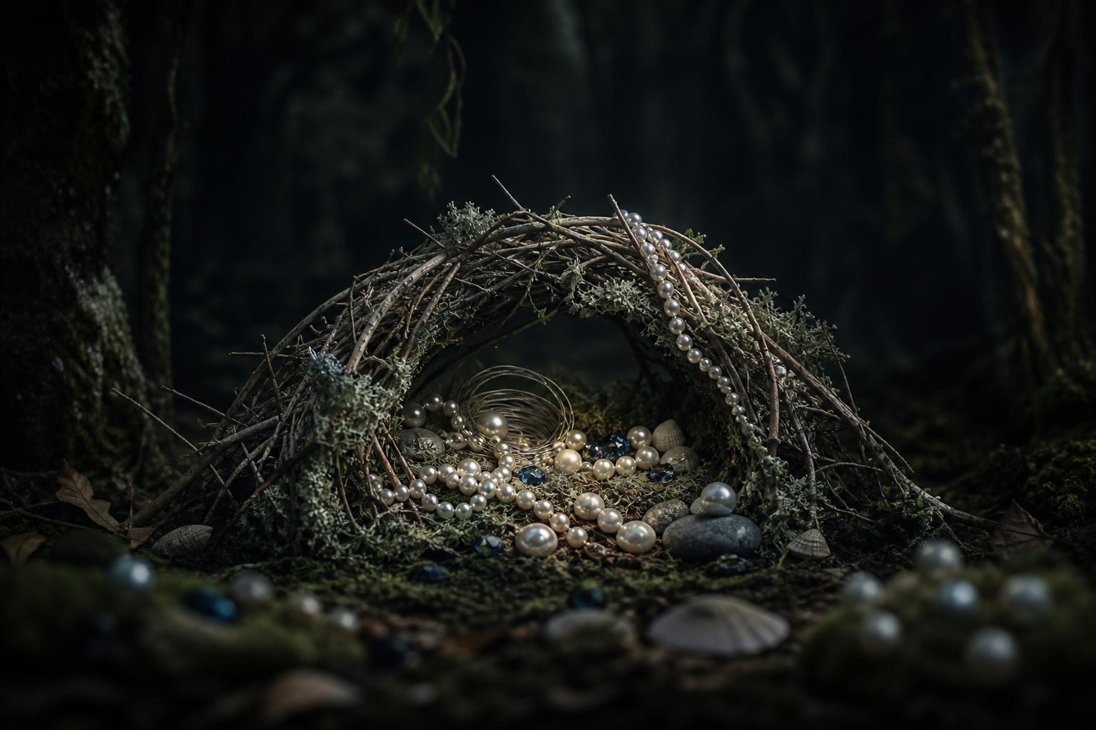 A bowerbird-style nest woven from twigs and moss, holding strands of pearls, silver and blue gemstones in a dark forest
