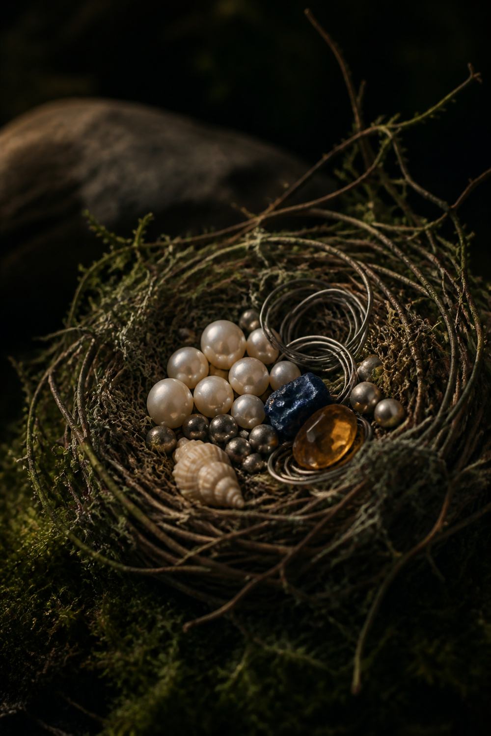 A small nest woven of twigs and moss filled with pearls, silver rings and blue and amber gemstones