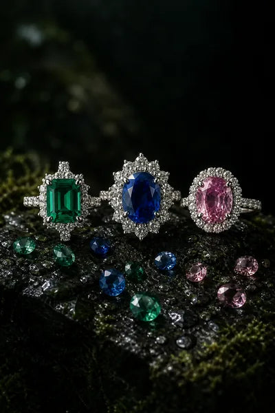 Coloured gemstone rings photographed on dark velvet in soft side light