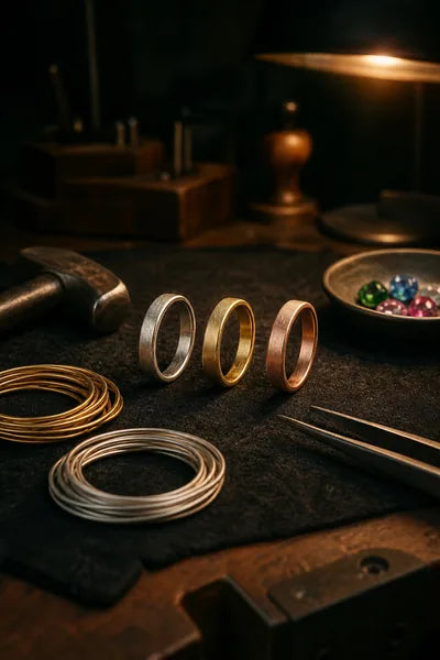 A gold ring photographed on a dark base in soft side light